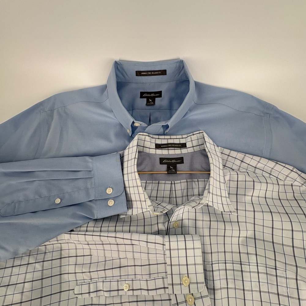 Lot of 2 Eddie Bauer Mens TXL Wrinkle Free Relaxed Fit Button Down Shirts Blue